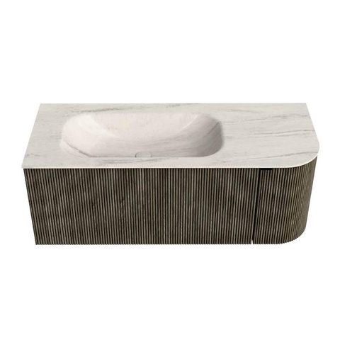 MONDIAZ KURVE-DLUX Meuble de salle de bains 115cm arrondi à droite couleur Shadow avec 1 tiroir et 1 porte. Lavabo BIG SMALL à gauche sans trou de robinet Meli. SW1431766