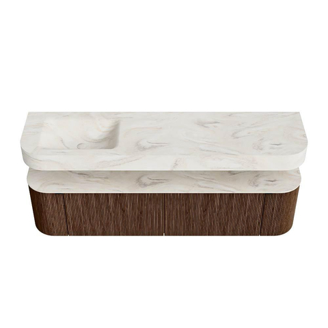 MONDIAZ THOR-DLUX Meuble de salle de bains 180cm arrondi gauche + droite couleur Walnut avec 2 tiroirs et 2 portes. Vasque suspendue CLOUD Gauche sans trou de robinet couleur Ostra. SW1465985