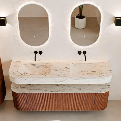 MONDIAZ THOR-DLUX 160cm meuble de salle de bains arrondi gauche + droite couleur Ruby avec 1 tiroir et 2 portes. Vasque suspendue CLOUD Double sans trou de robinet couleur Nata. SW1465272