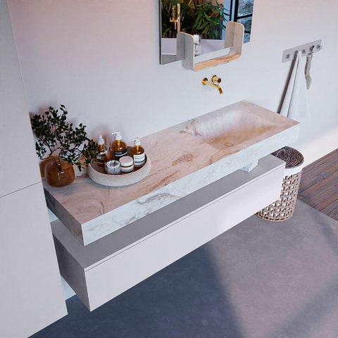 Mondiaz ALAN-DLUX Ensemble de meuble - 150cm - meuble Cale mat - 1 tiroir - Lavabo Cloud Frappe suspendu - vasque Droite - 0 trous de robinet SW805010