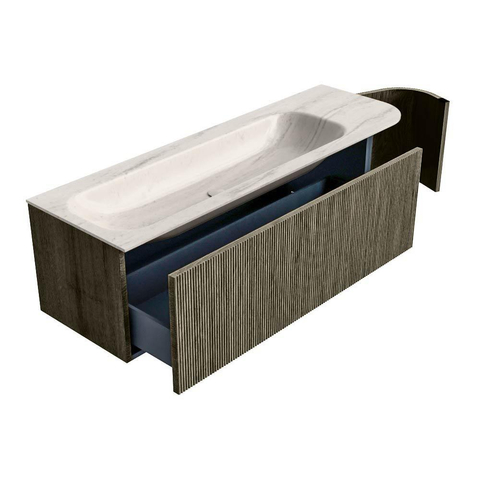 MONDIAZ KURVE-DLUX Meuble de salle de bains 145cm arrondi Droite couleur Shadow avec 1 tiroir et 1 porte. Plan-vasque BIG LARGE Gauche sans trou de robinet Meli. SW1431790