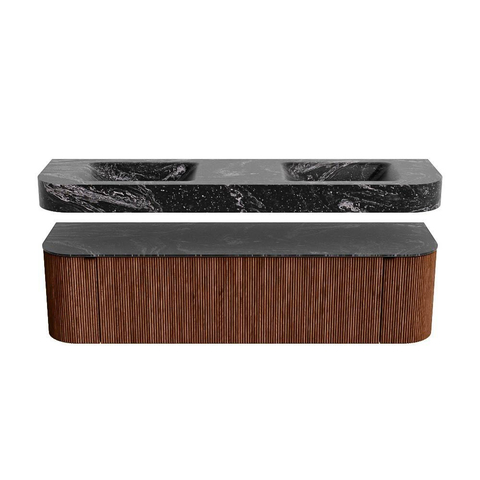 MONDIAZ THOR-DLUX 170cm meuble de salle de bains arrondi gauche + droite couleur Ruby avec 1 tiroir et 2 portes. Vasque suspendue CLOUD Double 2 trous de robinet couleur Lava. SW1465501