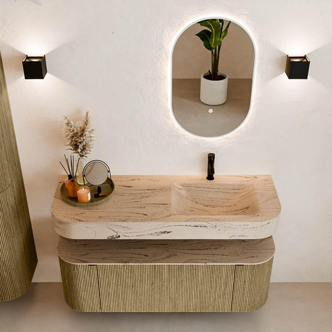 MONDIAZ THOR-DLUX 130cm meuble de salle de bains arrondi gauche + droite couleur Dusk avec 1 tiroir et 2 portes. Vasque suspendue CLOUD Droite 1 trou de robinet couleur Arena. SW1463803