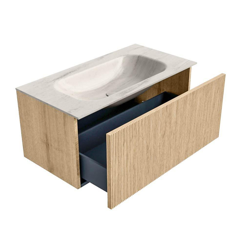 MONDIAZ KURVE-DLUX meuble de salle de bains 90cm couleur chêne avec 1 tiroir et 0 portes. Lavabo BIG SMALL central 1 trou de robinet Meli. SW1431599