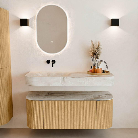 MONDIAZ THOR-DLUX 120cm meuble de salle de bains arrondi gauche + droite couleur Oak avec 1 tiroir et 2 portes. Vasque suspendue CLOUD Gauche sans trou de robinet couleur Frappe. SW1463065