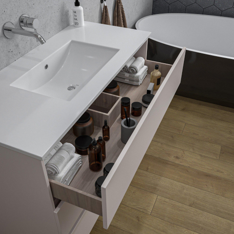Saniclass Chaci PLUS Meuble de salle de bain - 100x86x46cm - lavabo en céramique blanc - 1 vasque - sans trou de robinet - 3 tiroirs - miroir rectangulaire - mat cotton (beige) SW1182422