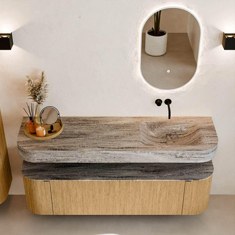 MONDIAZ THOR-DLUX 160cm meuble de salle de bains arrondi gauche + droite couleur Chêne avec 1 tiroir et 2 portes. Vasque suspendue CLOUD droite sans trou de robinet couleur Oza. SW1465287