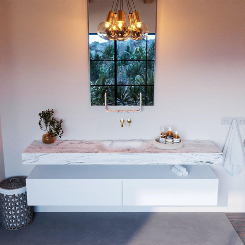 Mondiaz ALAN-DLUX Ensemble de meuble - 200cm - meuble Talc mat - 2 tiroirs - Lavabo Cloud Glace suspendu - vasque Centre - 0 trous de robinet SW805668