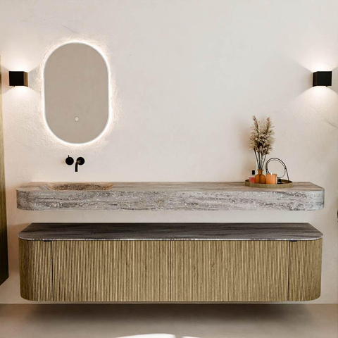 MONDIAZ THOR-DLUX 200cm meuble de salle de bains arrondi gauche + droite couleur Dusk avec 2 tiroirs et 2 portes. Vasque suspendue CLOUD Gauche sans trou de robinet couleur Oza. SW1467198