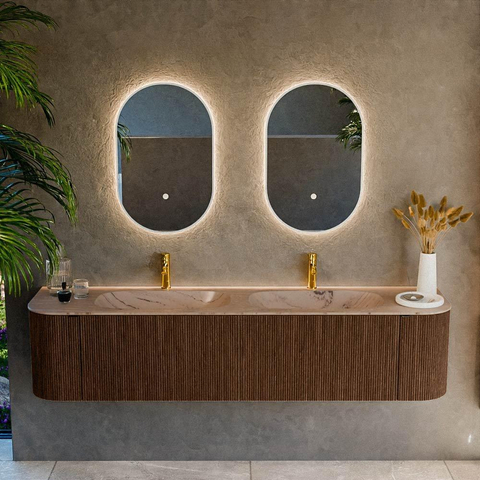 MONDIAZ KURVE-DLUX 190cm badmeubel ronding Links + Rechts kleur Walnut met 2 lades en 2 deuren. Wastafel STOR SMALL Dubbel 2 kraangaten Arena. SW1431248
