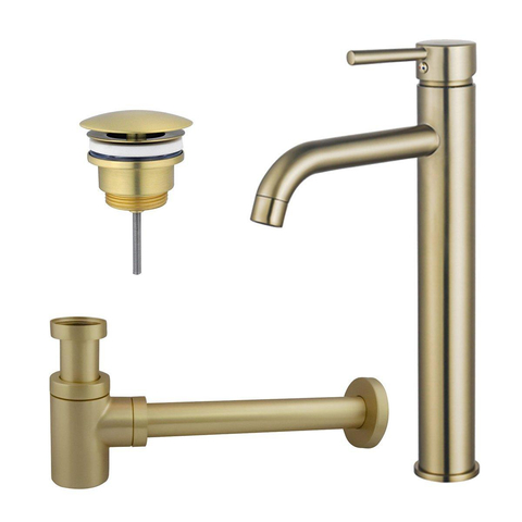 Fortifura Calvi Wastafelkraanset - verhoogde wastafelkraan - always open plug - verlaagde design - sifon - PVD - geborsteld messing (goud) SW891945
