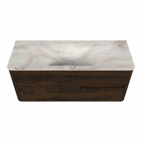 Mondiaz CIRO-DLUX Badkamermeubelset - 120x45x50cm - Solid surface wastafel Frappe - 1 wasbak Midden - zonder kraangaten - 2 lades - Walnut SW1530315