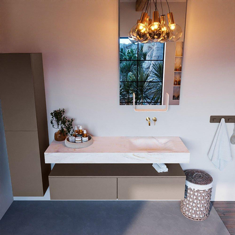 Mondiaz ALAN-DLUX Ensemble de meuble - 150cm - meuble Smoke mat - 2 tiroirs - Lavabo Cloud Ostra suspendu - vasque droite - 0 trous de robinet SW807462