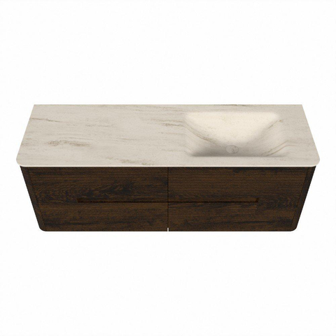 Mondiaz CIRO-DLUX Meuble de salle de bains - 140x45x50cm - Plan-vasque Solid Surface Meli - 1 lavabo à droite - sans trous de robinet - 4 tiroirs - Noyer SW1530512