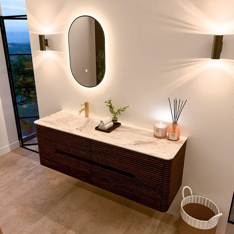 Mondiaz CIRO-DLUX Ensemble de meubles de salle de bains - 150x45x50cm - Lavabo solid surface Frappe - 1 vasque à gauche - 1 trou de robinet - 4 tiroirs - Noyer SW1530311