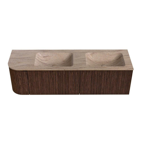 MONDIAZ KURVE-DLUX 155cm badmeubel ronding Links kleur Walnut met 2 lades en 1 deur. Wastafel LEAF Dubbel / Rechts zonder kraangat Saba. SW1433215