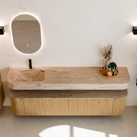 MONDIAZ THOR-DLUX 200cm meuble de salle de bains arrondi gauche + droite couleur Oak avec 2 tiroirs et 2 portes. Vasque suspendue CLOUD Gauche 1 trou de robinet couleur Arena. SW1467064