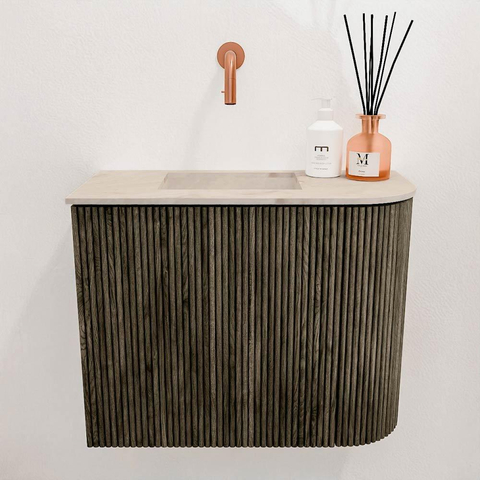 Mondiaz JOYA-DLUX Meuble de toilette 51,6cm - arrondi droit couleur Shadow - Vasque FAYE position Gauche Sans trou de robinet couleur Frappe SW1422737