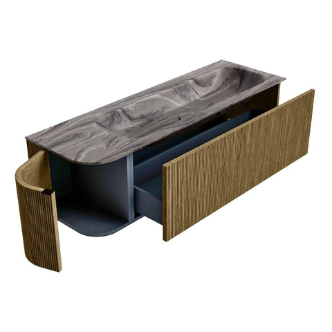 MONDIAZ KURVE-DLUX Meuble de salle de bains 145cm arrondi à gauche couleur Dusk avec 1 tiroir et 1 porte. Lavabo BIG LARGE à droite sans trou de robinetterie Sombra. SW1433872
