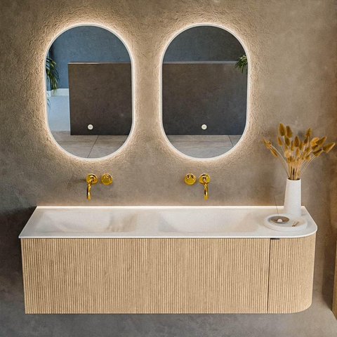 MONDIAZ KURVE Meuble de salle de bains 145 cm avec module 25 R couleur Oak avec 1 tiroir et 1 porte. Lavabo CLOUD double / gauche sans trou de robinet Talc. SW1138221
