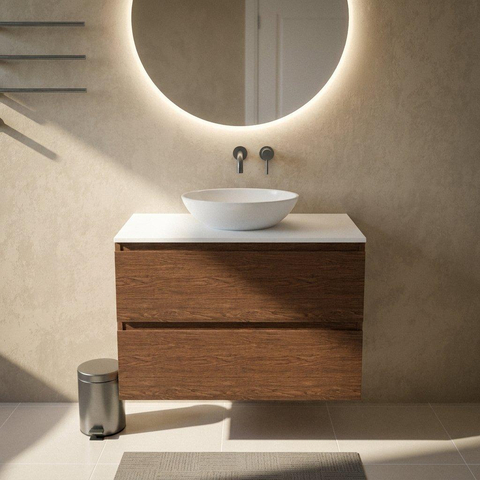Saniclass Holz Pure Badkamermeubelset - 100x45x62.5cm - Torino solid surface topblad wit - zonder kraangat - 2 lades - mat walnut pure (hout) SW1478708