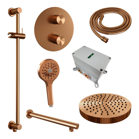 BRAUER Stripe Thermostatische Inbouw Regendouche - 3-weg - rond - 25cm douchekop - rechte muurarm - 3-standen handdouche - doucheslang - geïntegreerde glijstang - koper geborsteld PVD SW1435215