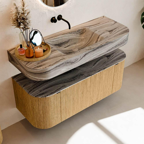 MONDIAZ THOR-DLUX 120cm badmeubel ronding links + rechts kleur Oak met 1 lade en 2 deuren. Vrijhangende wastafel CLOUD Midden zonder kraangat kleur Sombra. SW1463645
