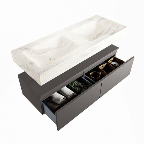 Mondiaz ALAN-DLUX Ensemble de meuble - 120cm - meuble Dark grey mat - 2 tiroirs - Lavabo Cloud Ostra suspendu - vasque Gauche et droite - 2 trous de robinet SW807045