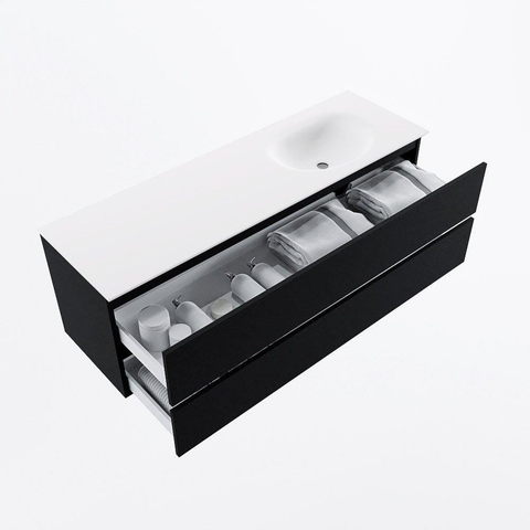 MONDIAZ VICA meuble sous lavabo 150cm Urban 2 tiroirs. Lavabo MOON à droite sans trou de robinet, couleur Talc. SW1381890