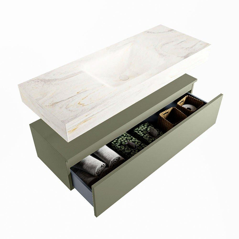 Mondiaz ALAN-DLUX Ensemble de meuble - 120cm - meuble Army mat - 1 tiroir - Lavabo Cloud Ostra suspendu - vasque Centre - 0 trous de robinet SW807592