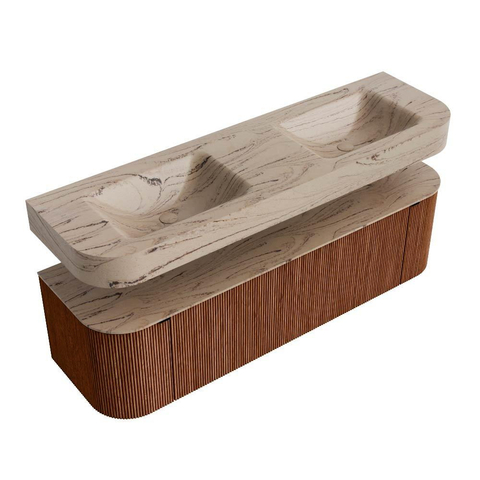 MONDIAZ THOR-DLUX 160cm meuble de salle de bains arrondi gauche + droite couleur Ruby avec 1 tiroir et 2 portes. Vasque suspendue CLOUD Double sans trou de robinet couleur Arena. SW1465126