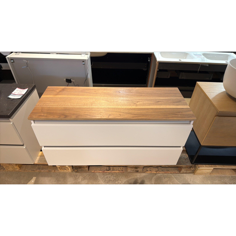 Adema Chaci Badkameronderkast - 120cm - 2 lades - greeploos - mat wit - inclusief Brauer natural wood wastafelblad - Naturel Walnut - OUTLET UDEN STORE42310