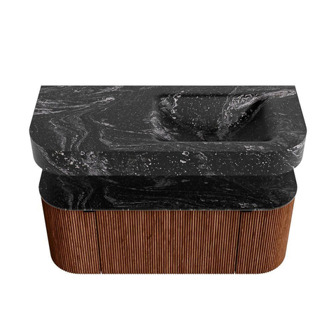MONDIAZ THOR-DLUX 110cm meuble de salle de bains arrondi gauche + droite couleur Ruby avec 1 tiroir et 2 portes. Vasque suspendue CLOUD droite sans trou de robinet couleur Lava. SW1462855