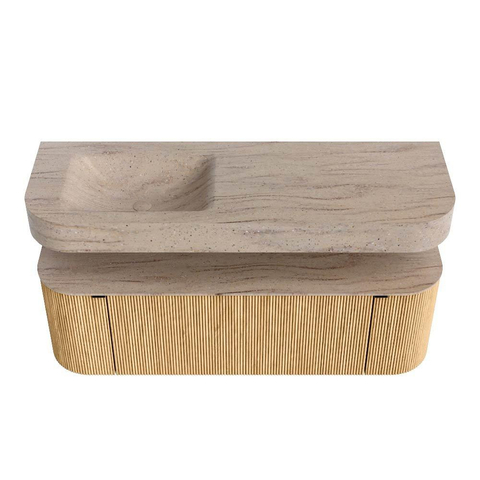 MONDIAZ THOR-DLUX 140cm badmeubel ronding links + rechts kleur Oak met 1 lade en 2 deuren. Vrijhangende wastafel CLOUD Links zonder kraangat kleur Saba. SW1464300