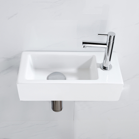 QeramiQ Fuente pack lave-mains – 37,5 x 18,5 x 9 cm – céramique blanc mat – perçage à droite – robinet chromé SW1232721