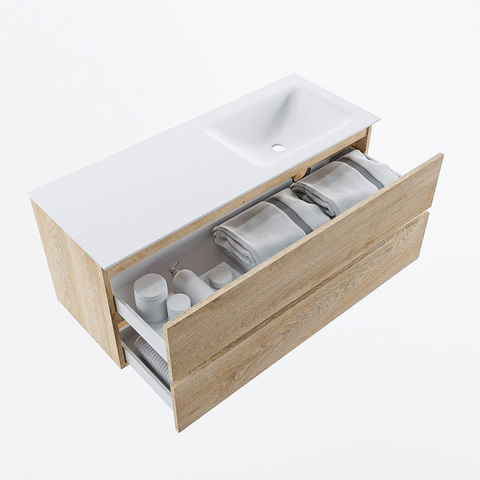 MONDIAZ VICA meuble sous lavabo 120cm Chêne blanchi 2 tiroirs. Lavabo CLOUD à droite sans trou de robinet, couleur Talc. SW1381907