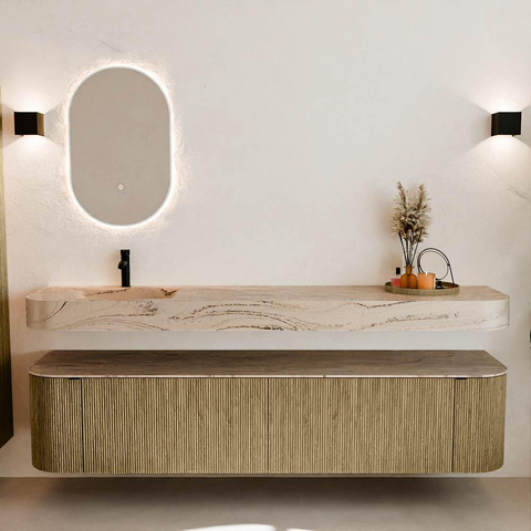 MONDIAZ THOR-DLUX 200cm meuble de salle de bains arrondi gauche + droite couleur Dusk avec 2 tiroirs et 2 portes. Vasque suspendue CLOUD Gauche 1 trou de robinet couleur Arena. SW1467068