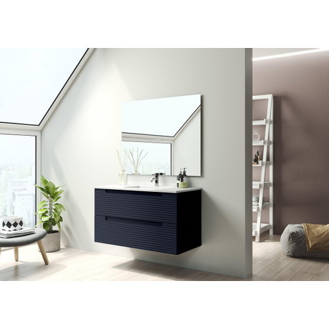 Saniclass Prime Balance Meuble de salle de bain - 100x55x45cm - 1 vasque rectangulaire en céramique blanc - 1 trou de robinet - 2 tiroirs - miroir rectangulaire - mat marine bleu SW916225