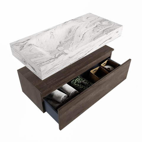 Mondiaz ALAN-DLUX Ensemble de meuble de salle de bain - 120x46cm - 1 tiroir - vasque suspendue - sans trous de robinetterie - 1 à gauche - Dark Brown (chêne foncé) SW1174847