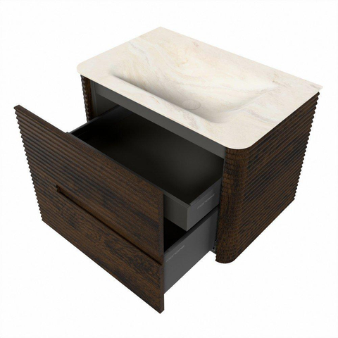 Mondiaz CIRO-DLUX Meuble de salle de bains - 70x45x50cm - Plan vasque solid surface Ostra - 1 vasque centrale - sans trous de robinetterie - 2 tiroirs - Noyer SW1530347