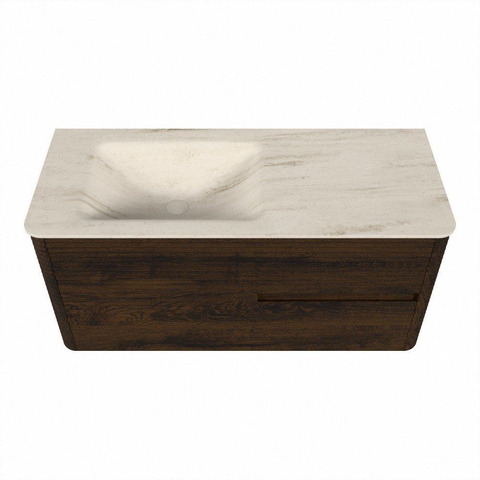 Mondiaz CIRO-DLUX Ensemble meuble de salle de bains - 110x45x50cm - lavabo solid surface Meli - 1 vasque à gauche - sans trous de robinetterie - 2 tiroirs - Noyer SW1530494