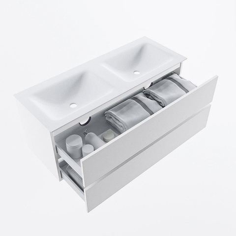 MONDIAZ VICA Meuble de salle de bains 120 cm sous-meuble Talc 2 tiroirs. Lavabo CLOUD double 2 trous de robinet, couleur Talc. SW1381894