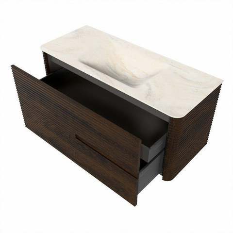Mondiaz CIRO-DLUX Badkamermeubelset - 110x45x50cm - Solid surface wastafel Ostra - 1 wasbak Midden - zonder kraangaten - 2 lades - Walnut SW1530379