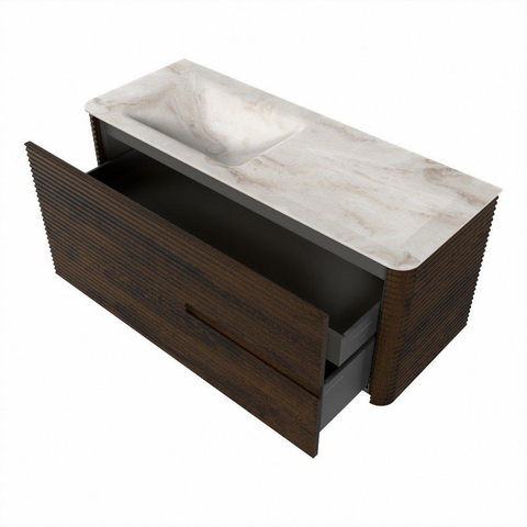 Mondiaz CIRO-DLUX Meuble de salle de bains - 120x45x50cm - vasque en solid surface Frappe - 1 lavabo gauche - sans trous de robinetterie - 2 tiroirs - Noyer SW1530304