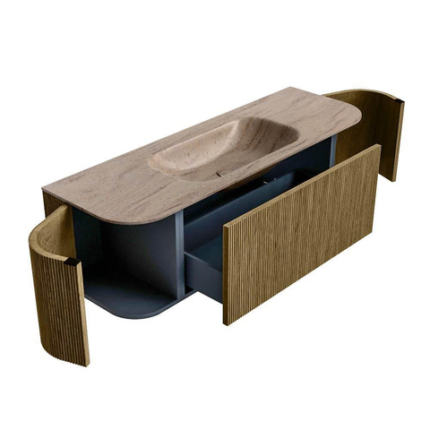 MONDIAZ KURVE-DLUX Meuble de salle de bains 140cm arrondi gauche + droite couleur Dusk avec 1 tiroir et 2 portes. Lavabo BIG SMALL central sans trou de robinet Saba. SW1433337