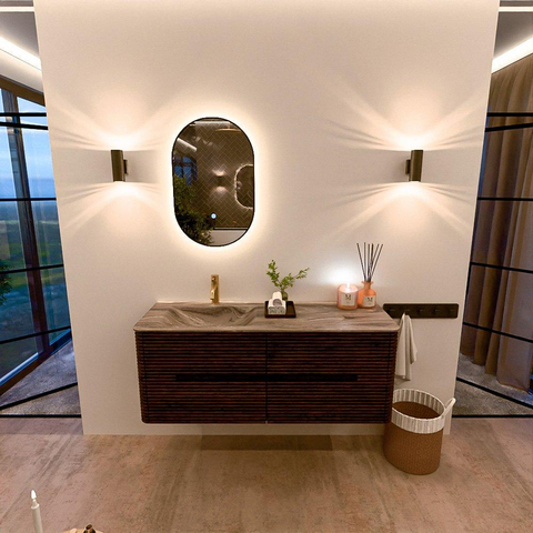 Mondiaz CIRO-DLUX Badkamermeubelset - 130x45x50cm - Solid surface wastafel Sombra - 1 wasbak Links - 1 kraangat - 4 lades - Walnut SW1530771