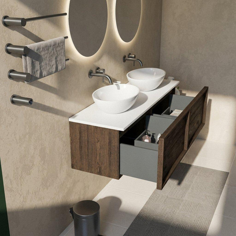 Saniclass Holz Frame Badkamermeubelset - 140x45x42.5cm - Torino solid surface topblad wit - zonder kraangat - 2 lades - mat eiken charcoal (hout) SW1478723