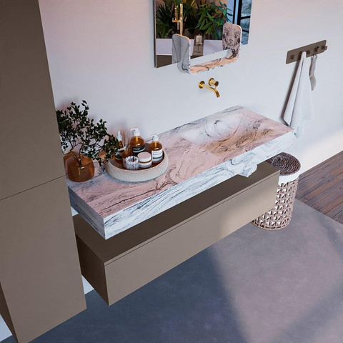Mondiaz ALAN-DLUX Ensemble de meuble - 130cm - meuble Smoke mat - 1 tiroir - Lavabo Cloud Glace suspendu - vasque Droite - 0 trous de robinet SW805905