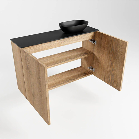 Mondiaz Fowy meuble de toilette - 80x50x23cm - chêne blanchi mat - 0 trous de robinet - lavabo à droite - 2 portes - solid surface - plan Mélamine - lavabo : noir SW761458