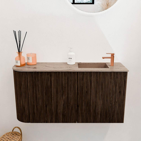 Mondiaz JOYA-DLUX 81.6cm toiletmeubel - ronding links kleur Walnut - Wastafel FAYE positie Rechts 1 kraangat kleur Arena. SW1424368